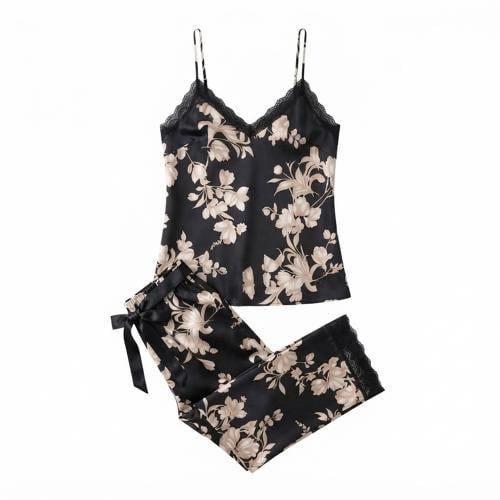 Soft satin pajama set with printed lace trim