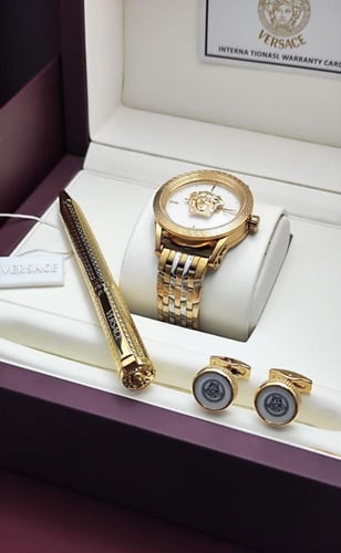 طقم فيرساتشي الذهبي الملكي الكامل - ساعة، قلم، وكب...