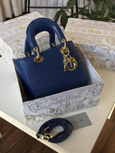 حقيبة Dior زرقاء وأكسسوارات ذهبية فاخرة