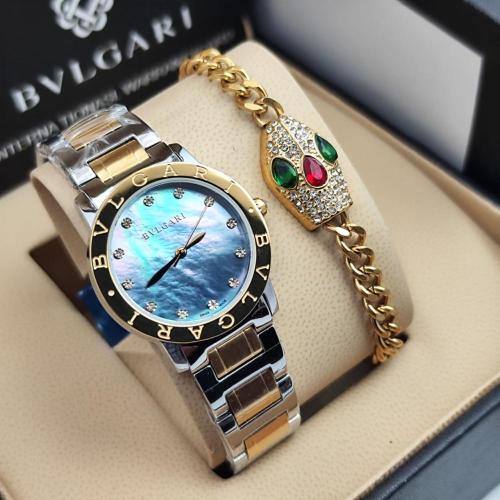 طقم بولغاري ساعة وإسوارة — ازرق ذهبي فضي