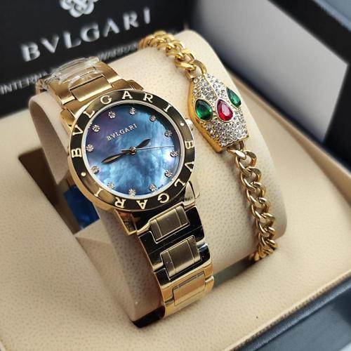 طقم بولغاري ساعة وإسوارة — صدف ازرق ذهبي