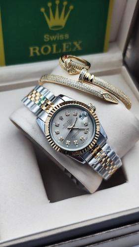 طقم رولكس ساعة وإسوارة وخاتم — رمادي فضي