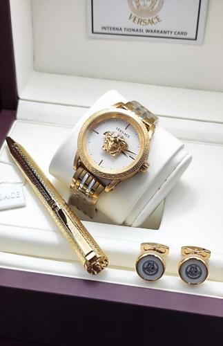 طقم فيرساتشي الذهبي الملكي الكامل - ساعة، قلم، وكب...