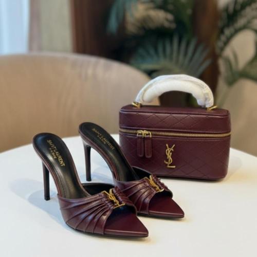 طقم سان لوران حقيبة وحذاء — عنابي مُبطن