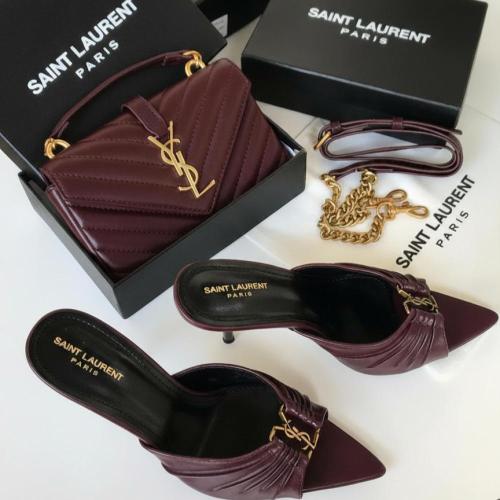 طقم سان لوران شنطة وحذاء — بوردو ذهبي