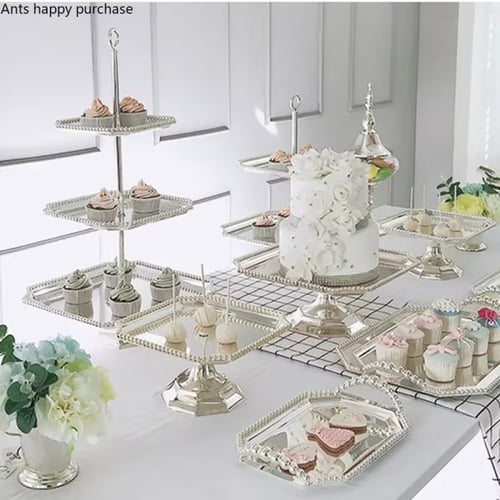 طاولة حلويات معدنية مزخرفة ، رف عرض زجاجي ، برطمان...