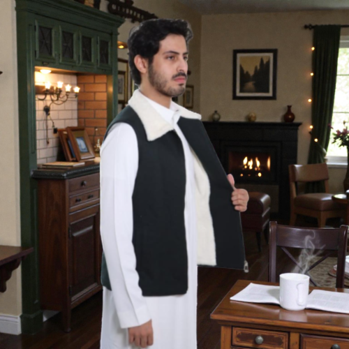 سديري شتوي اسود شريط سحاب .قلاب من داخل فرو