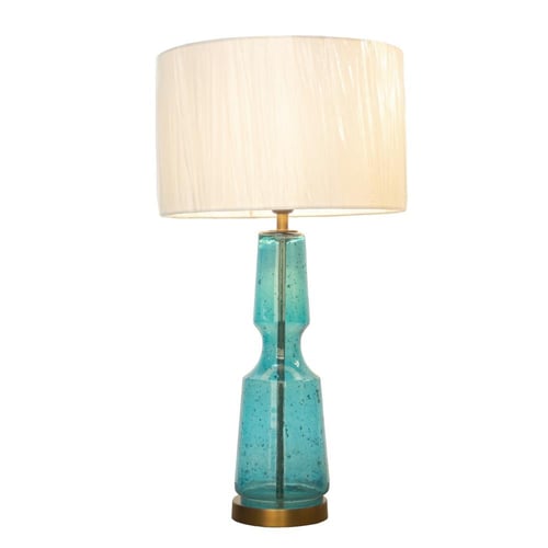 مصباح طاولة من الزجاج الأزرق بقاعدة نحاسية ذهبية