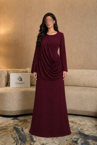 فستان سهرة عنابي بدرابيه وتطريز يدوي