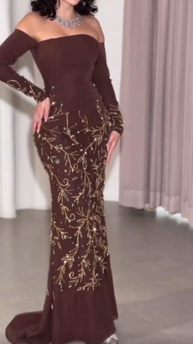 فستان موكا سهره تطريز شك يدوي