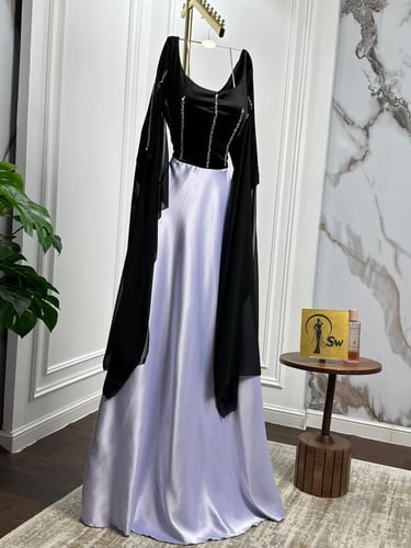 فستان سهره اسود تفته ناعم على مخمل تطريز يدوي