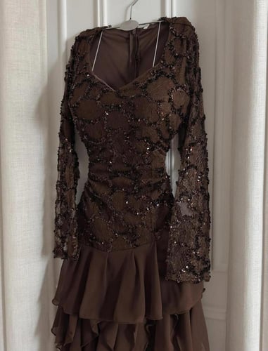 فستان موكا جورجيت تطريز راقي