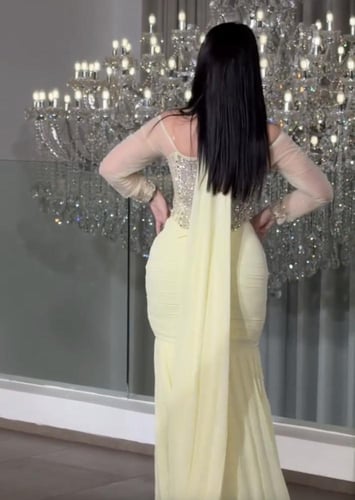 فستان اصفر تطريز شك يدوي