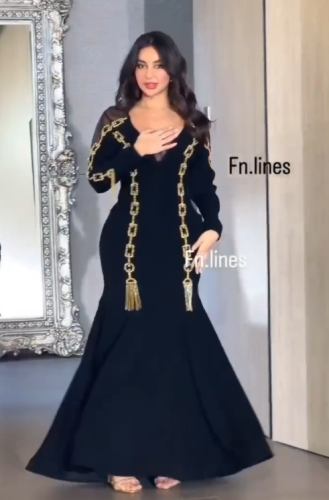 فستان اسود تطريز ذهبي يدوي راقي