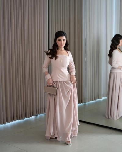 فستان سهرة الخامه كريب مع شيفون وتول خفيف بالاكمام...