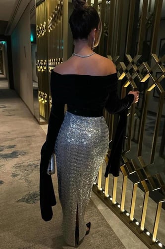 فستان سهرة ماسك قطيفه مع ترتر