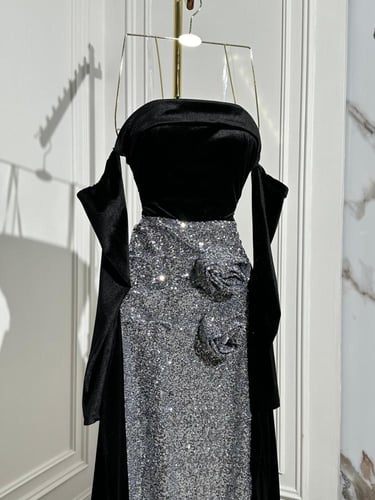 فستان سهرة ماسك قطيفه مع ترتر