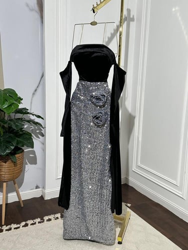 فستان سهرة ماسك قطيفه مع ترتر