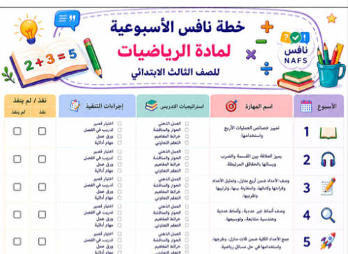خطة اسبوعية رياضيات ثالث ابتدائي