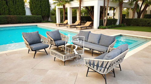 جلسه 7 اشخاص حديد ملبسه حبال مع طاوله كبير