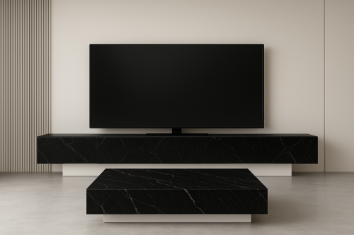 طقم طاولات خشب بديل الرخام الاسود بعروق بيضاء