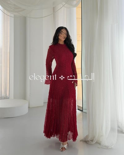 فستان دانتيل عنابي مرصع بفصوص كريستال ناعمة - فستا...