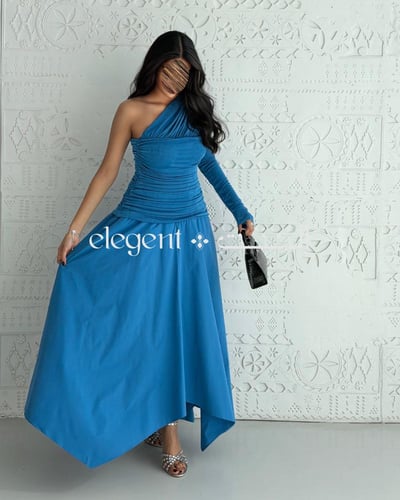 فستان سهرة أزرق بقصة كتف واحد بتصميم draped أنيق -...