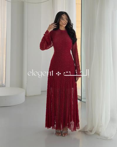 فستان دانتيل عنابي مرصع بفصوص كريستال ناعمة - فستا...