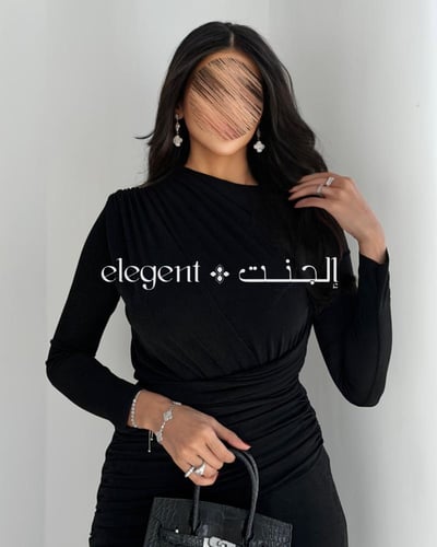 فستان سهرة أسود استرتش بلمسة درابيه وأكمام طويلة