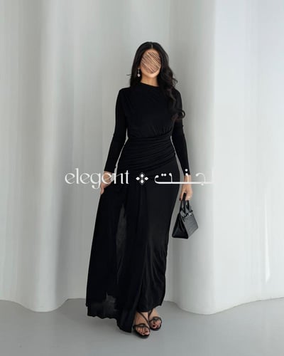 فستان سهرة أسود استرتش بلمسة درابيه وأكمام طويلة