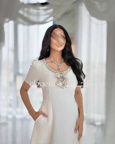 فستان أبيض ميدي فخم بفصوص كريستالات أكمام أنيقة -...