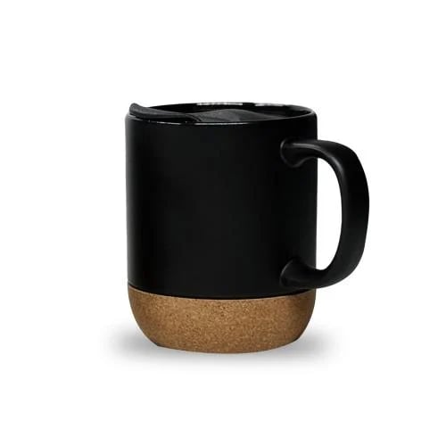 Ceramic mug with lid and cork insulating base 330 ml — black