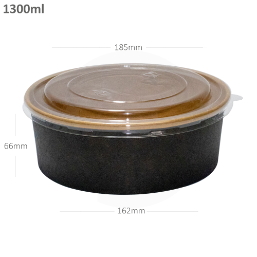 علبة سلطة 1300 مل اسود ورق كرافت مع غطاء بلاستيك ش...