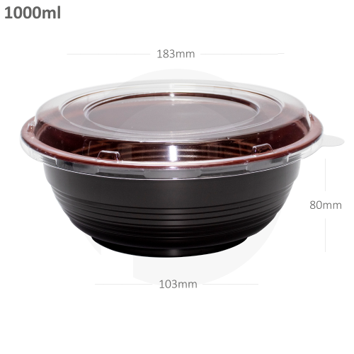 علبة طعام 1000 مل دائرية بلاستيك اسود بغطاء بلاستي...