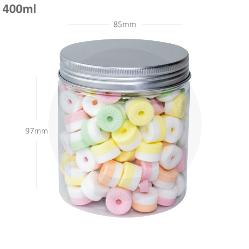 جار 400 مل بلاستيك شفاف بغطاء الومنيوم فضي 100 حبة