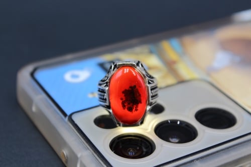 خاتم عقيق يماني كبدي زعفراني مقاس 7 انجليزي - 15 ع...