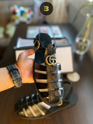 G Men's Black Rubber Buckle Strap Sandals