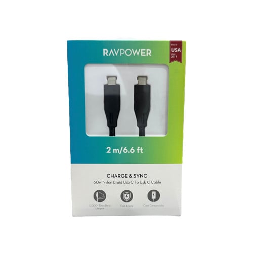 كيبل راف باور 2م قماشي اسود تايب سي الى تايب سي