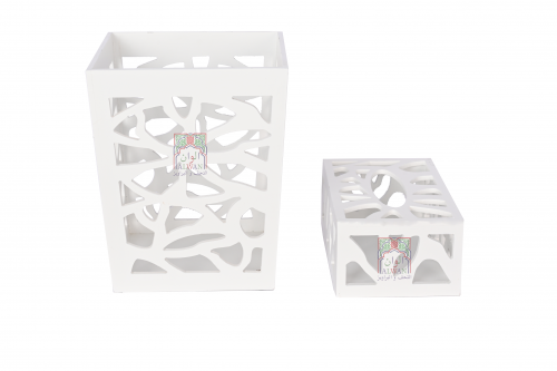 سلة مهملات مع علبة مناديل خشب حفر