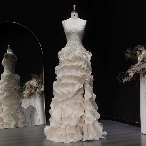 Royal evening dress, ruffled and decorated, sleeveless, with a corset-style bust
