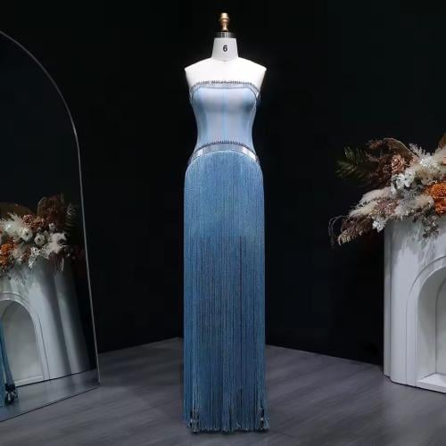 Elegant evening dress without shoulders with a beaded crystal bust with a corset system and short lining with long threads all ove...