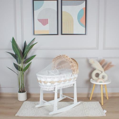 سلة موسى خيزران ابيض بتلبيسة ضفيرة بيج