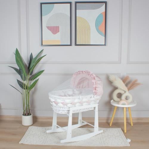 سلة موسى خيزران ابيض بتلبيسة ضفيرة وردي