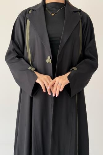 A72-عباية بخطوط حرير طولية زيتي