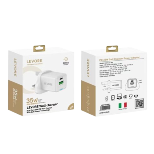 شاحن جداري ليفوري بمنفذ USB-C ومنفذ USB وبقوة 35 و...