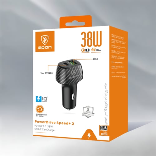 شاحن سيارة بمنفذين PD - USB قوة 38 W ماركة SPON