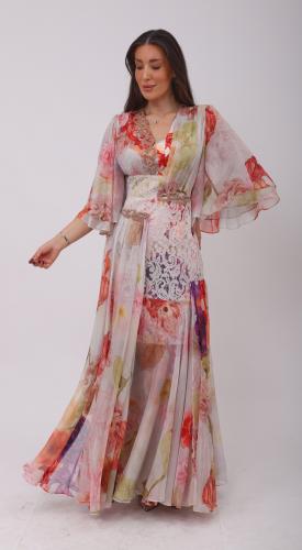 فستان مشجر مع شك ودانتيل واكمام كشكشه