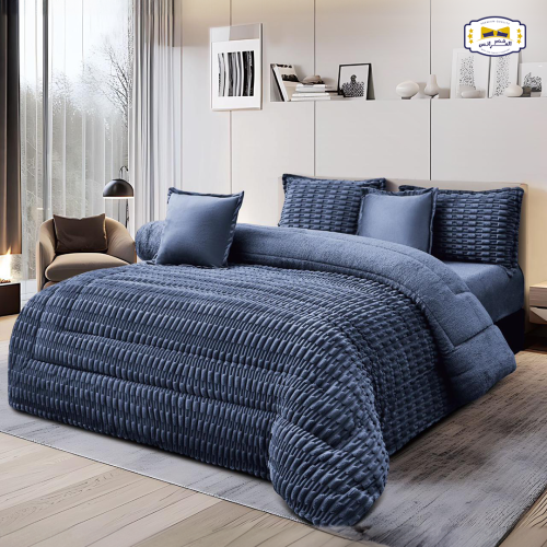 مفرش شتوي 4 قطع فروة ناعمة مقلم نفر ونص