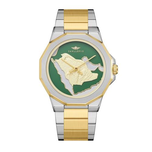 ساعة رجالية فضي ذهبي بميناء خريطة المملكة ماركة سا...