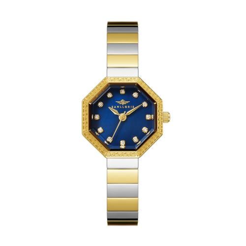 ساعة نسائية فضي ذهبي مينا كحلي من ماركة سان لوريس